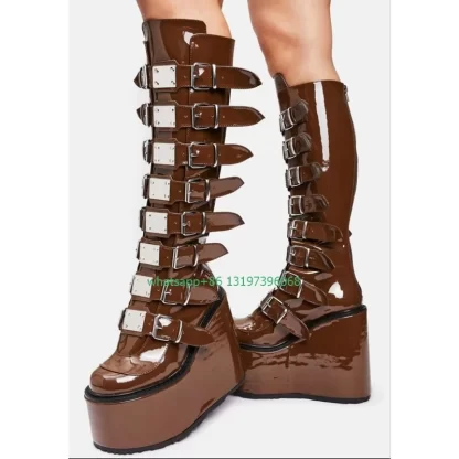 Lady Brown Glossy Goth knee boots