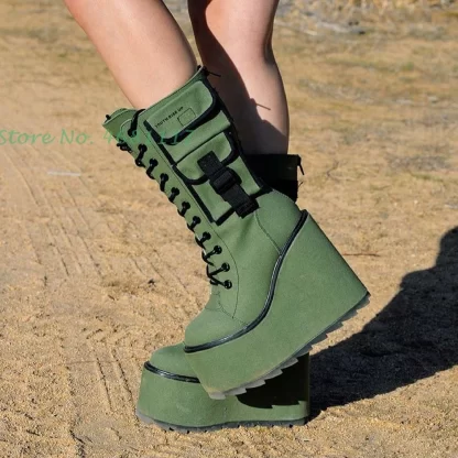 Army Green Wedge Boots w Pocket