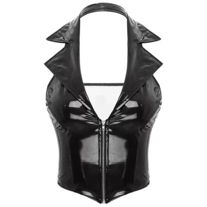 Wetlook Latex Halter PU Leather Camisole Tops Glossy Patent Leather Vest Notch Lapel Deep V Neck Front Zipper Slim Fit Waistcoat