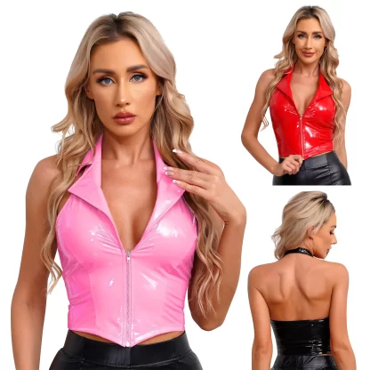 Wetlook Latex Halter PU Leather Camisole Tops Glossy Patent Leather Vest Notch Lapel Deep V Neck Front Zipper Slim Fit Waistcoat - Image 6