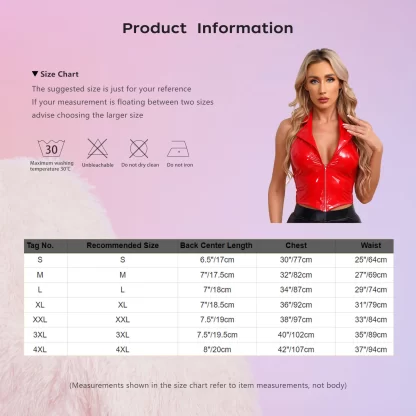 Wetlook Latex Halter PU Leather Camisole Tops Glossy Patent Leather Vest Notch Lapel Deep V Neck Front Zipper Slim Fit Waistcoat - Image 5