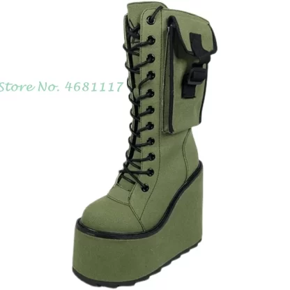 Army Green Wedge Boots w Pocket - Image 6