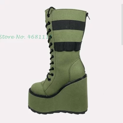 Army Green Wedge Boots w Pocket - Image 3