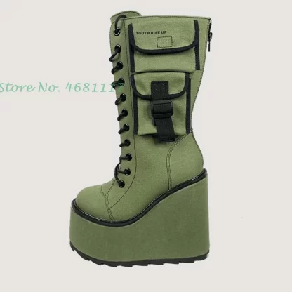 Army Green Wedge Boots w Pocket - Image 4