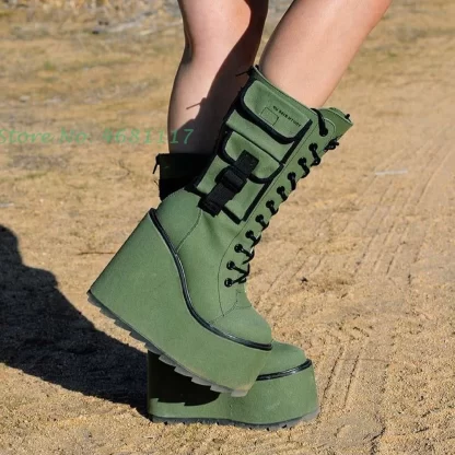 Army Green Wedge Boots w Pocket - Image 5