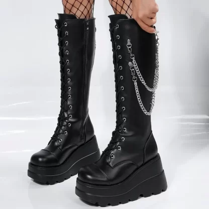 Alt Punk Buckle Street Platform Wedge High Heel Boots - Image 3