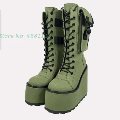 Army Green Wedge Boots w Pocket - Image 2