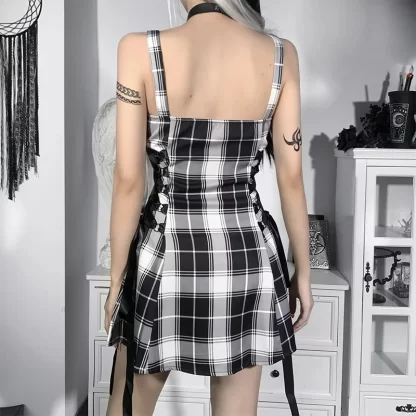 InsDoit Gothic Plaid Bandage Black Blue Dress Women Vintage Sleeveless Zipper Sexy Mini Dress Punk Aesthetic Summer A Line Dress - Image 2