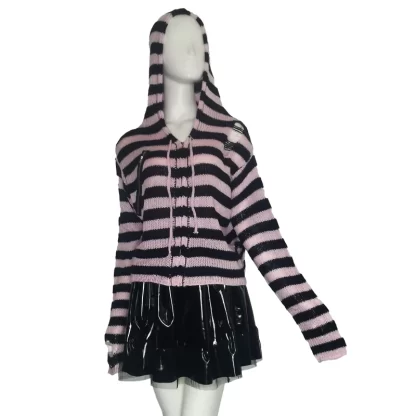 Y2k Girl Zipper Hollow Out Sweaters Gothic Lady Striped Cardigan Short Hooded Sweater Autumn Long Sleeve Black Red Knitted Top - Image 4