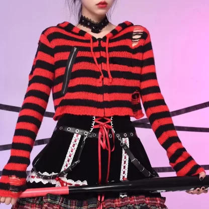 Y2k Girl Zipper Hollow Out Sweaters Gothic Lady Striped Cardigan Short Hooded Sweater Autumn Long Sleeve Black Red Knitted Top - Image 2