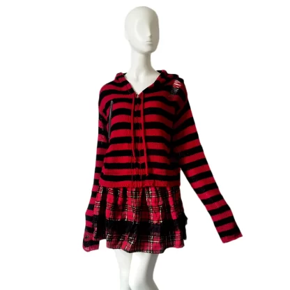 Y2k Girl Zipper Hollow Out Sweaters Gothic Lady Striped Cardigan Short Hooded Sweater Autumn Long Sleeve Black Red Knitted Top - Image 5