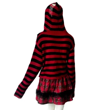 Y2k Girl Zipper Hollow Out Sweaters Gothic Lady Striped Cardigan Short Hooded Sweater Autumn Long Sleeve Black Red Knitted Top - Image 6