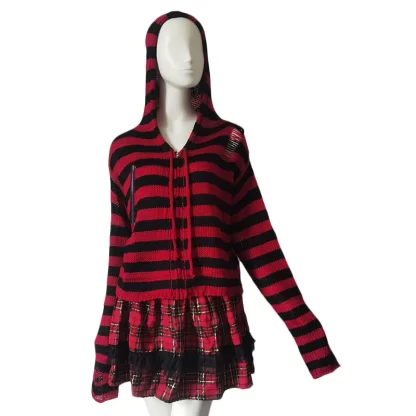 Y2k Girl Zipper Hollow Out Sweaters Gothic Lady Striped Cardigan Short Hooded Sweater Autumn Long Sleeve Black Red Knitted Top - Image 7