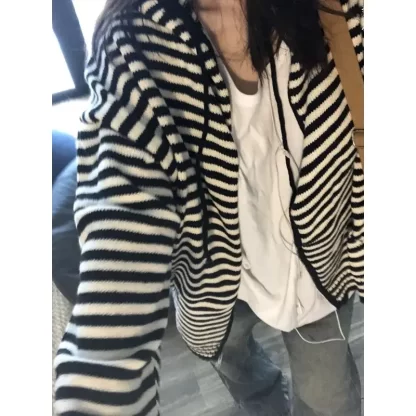 Deeptown Vintage Striped Sweaters Cardigan Women Casual Korean Style Zip Up Knitwear Harajuku Loose Black White Knitted Coats - Image 4