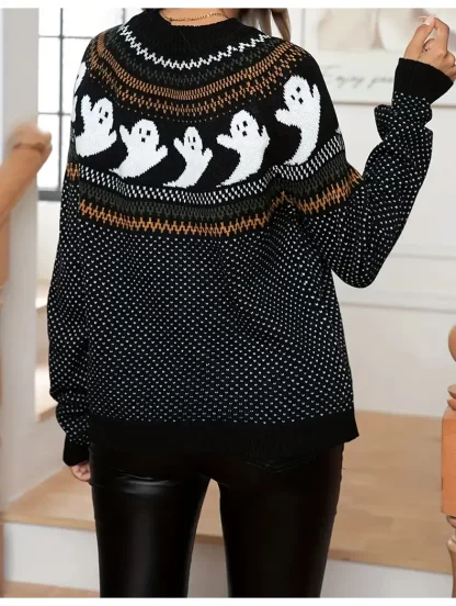 2024 Autumn Winter Fashion Women Long Sleeve Sweater Loose Top O Neck Skull Print Causal Warm Knitted Sweaters For Halloween - Image 7