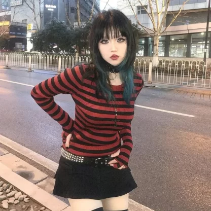 Red Striped Pullovers Gothic Y2k Clothes Emo Girls Long Sleeve Asymmetrical Harajuku Slim Kawaii Retro Pull Femme Sweaters Chic - Image 6