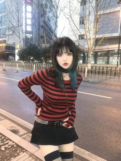 Red Striped Pullovers Gothic Y2k Clothes Emo Girls Long Sleeve Asymmetrical Harajuku Slim Kawaii Retro Pull Femme Sweaters Chic - Image 5