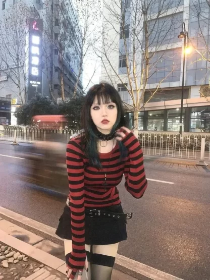 Red Striped Pullovers Gothic Y2k Clothes Emo Girls Long Sleeve Asymmetrical Harajuku Slim Kawaii Retro Pull Femme Sweaters Chic - Image 3