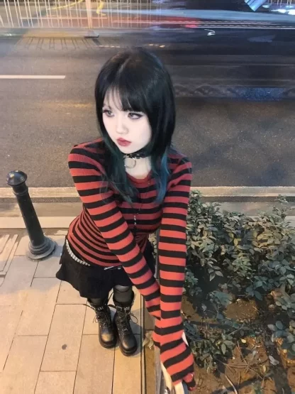 Red Striped Pullovers Gothic Y2k Clothes Emo Girls Long Sleeve Asymmetrical Harajuku Slim Kawaii Retro Pull Femme Sweaters Chic - Image 4