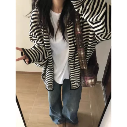 Deeptown Vintage Striped Sweaters Cardigan Women Casual Korean Style Zip Up Knitwear Harajuku Loose Black White Knitted Coats - Image 5