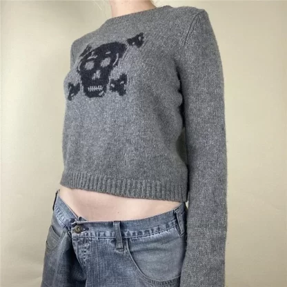 Skull Sweater y2k Aesthetic Fairy Grunge Clothes Women Gray Long Sleeve Crop Top 2000s Punk Gothic Pullover Streetwear - Image 4