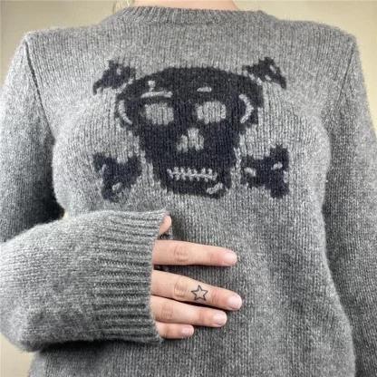 Skull Sweater y2k Aesthetic Fairy Grunge Clothes Women Gray Long Sleeve Crop Top 2000s Punk Gothic Pullover Streetwear - Image 6