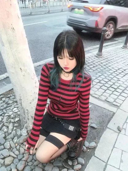 Red Striped Pullovers Gothic Y2k Clothes Emo Girls Long Sleeve Asymmetrical Harajuku Slim Kawaii Retro Pull Femme Sweaters Chic - Image 2